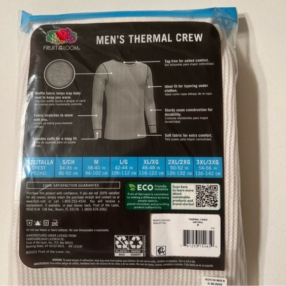 NWT Fruit Of The Loom Mens Thermal Shirt Dual Defense Size Medium White Crew (Z) - Picture 3 of 5